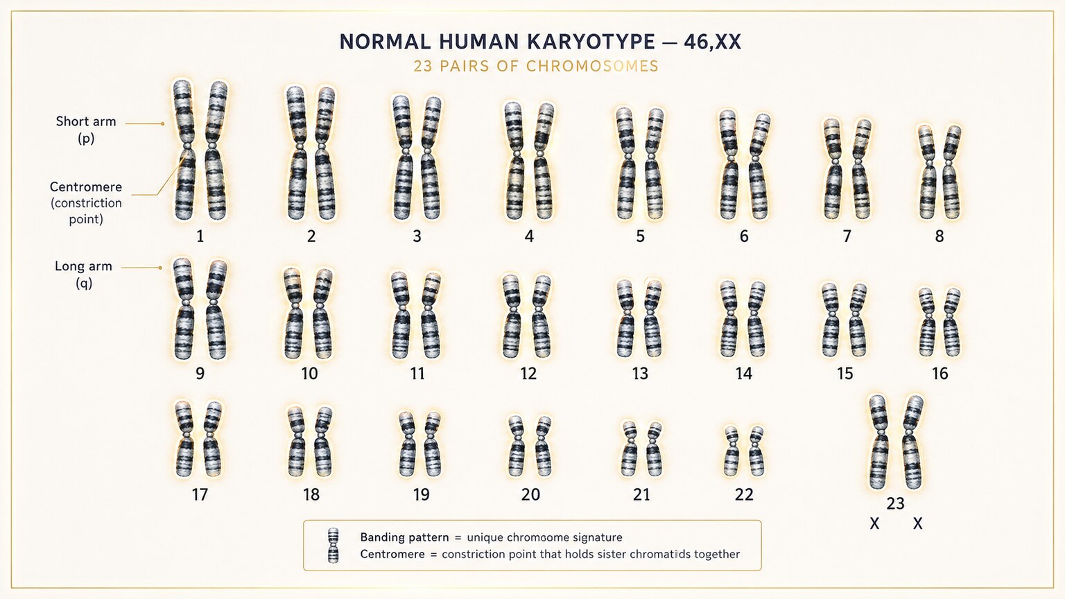 Illustration of a complete normal human karyotype showing all 46 chromosomes arranged in 23 matched pairs by size