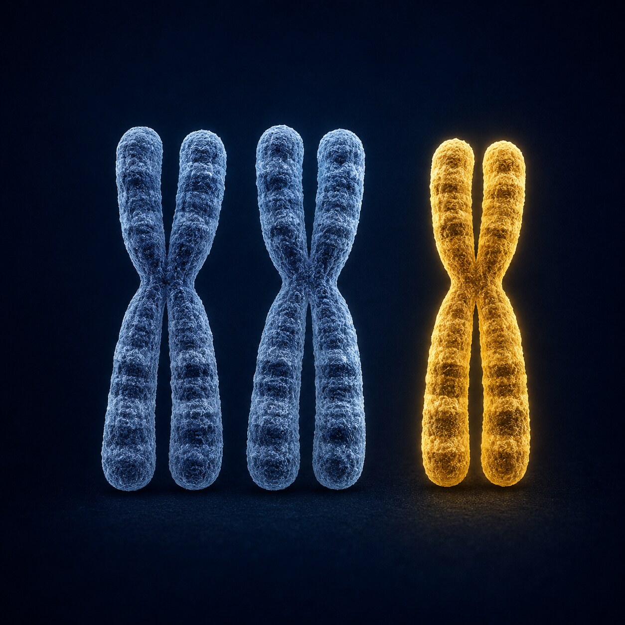 Close-up illustration of three copies of chromosome 21 sitting together, illustrating trisomy 21