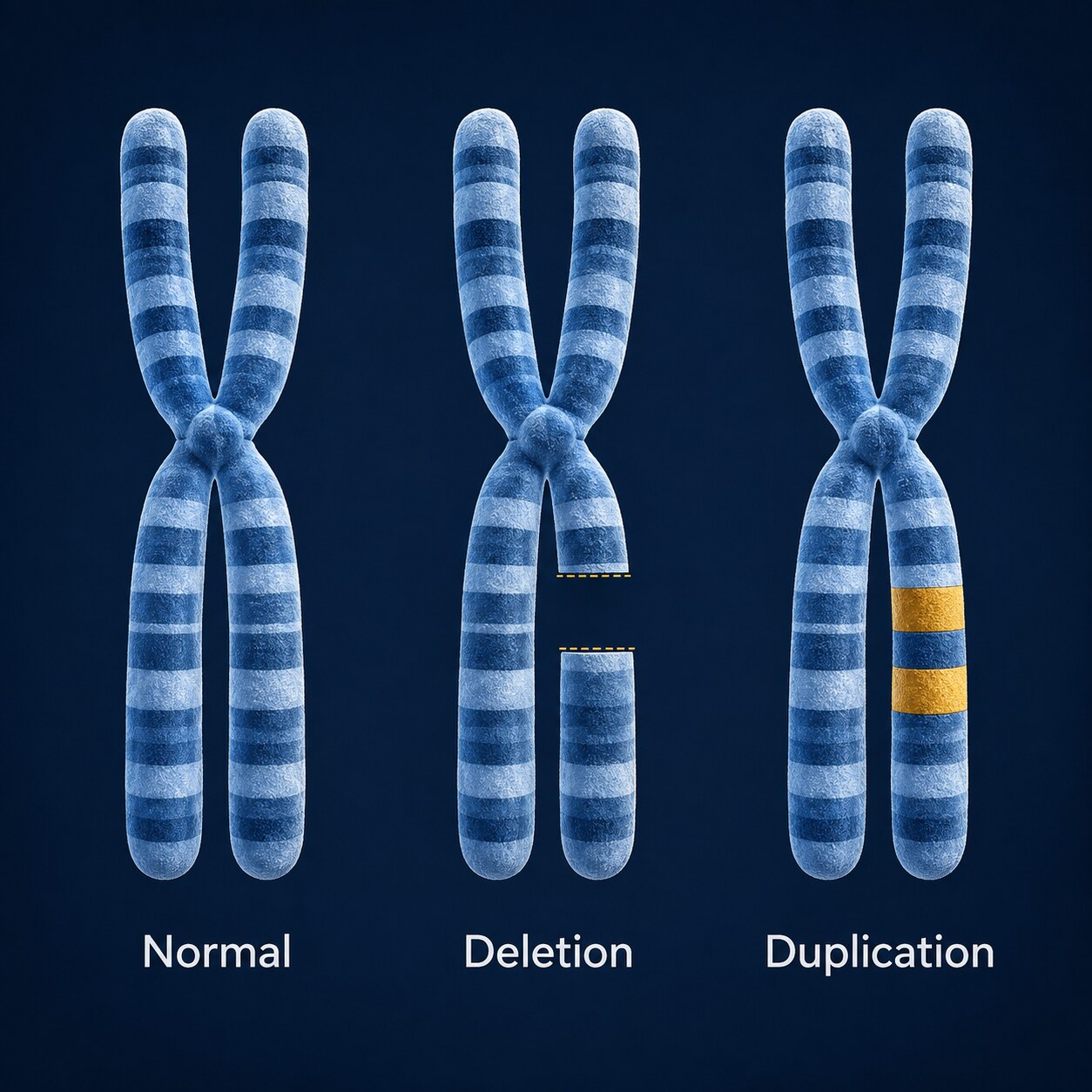 Illustration comparing a normal chromosome to one with a missing segment and one with a duplicated segment