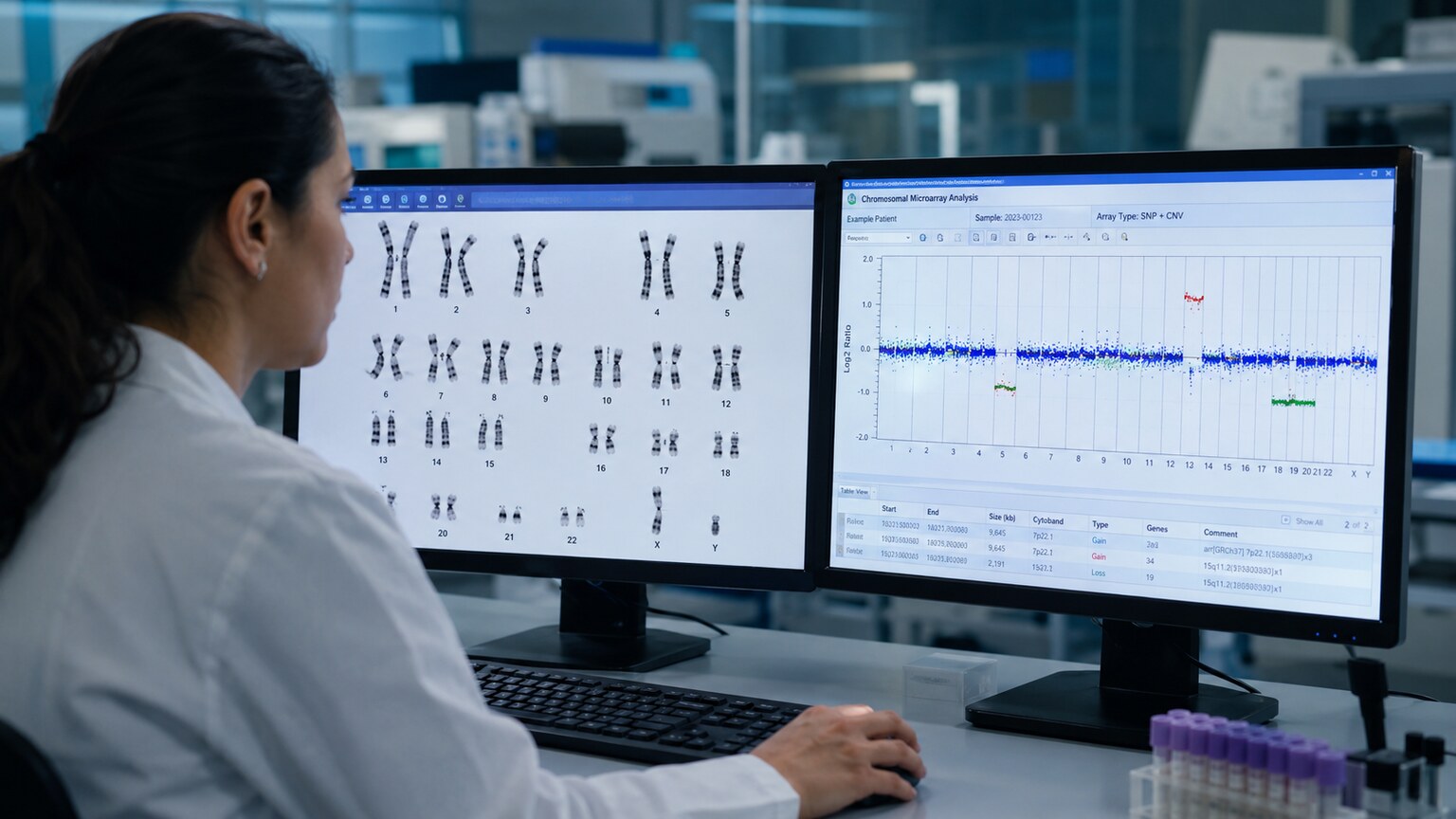 Laboratory technician comparing a karyotype image on one monitor with a chromosomal microarray data plot on a second monitor
