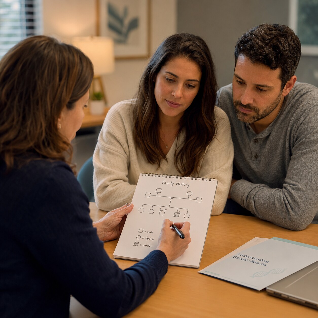 Genetic counselor sketching a family tree diagram while discussing chromosomal test results with a couple