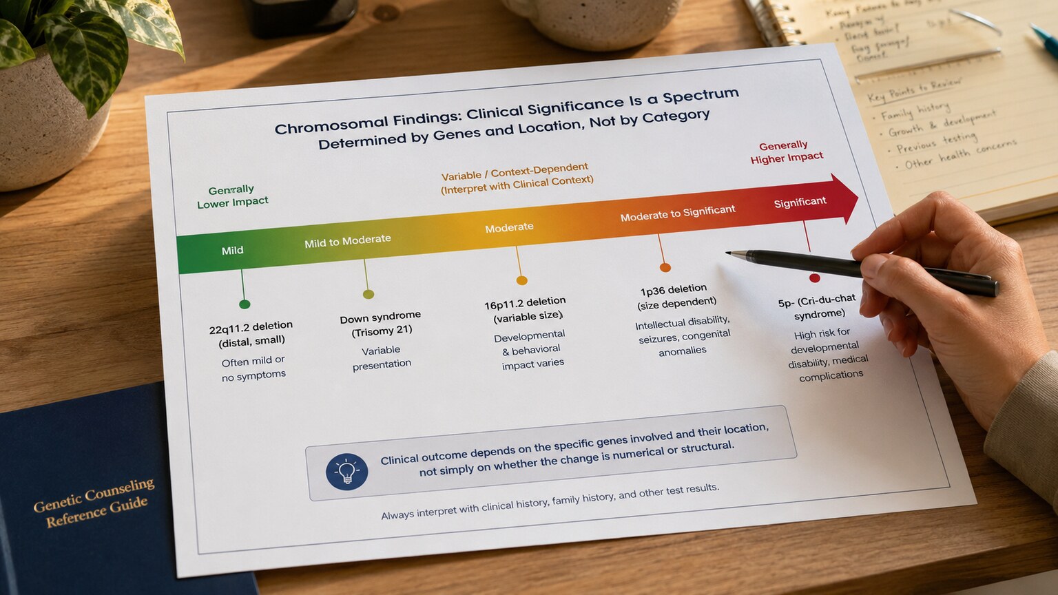 Printed genetic counseling reference chart on a clinic desk mapping chromosomal notation types to their typical severity range