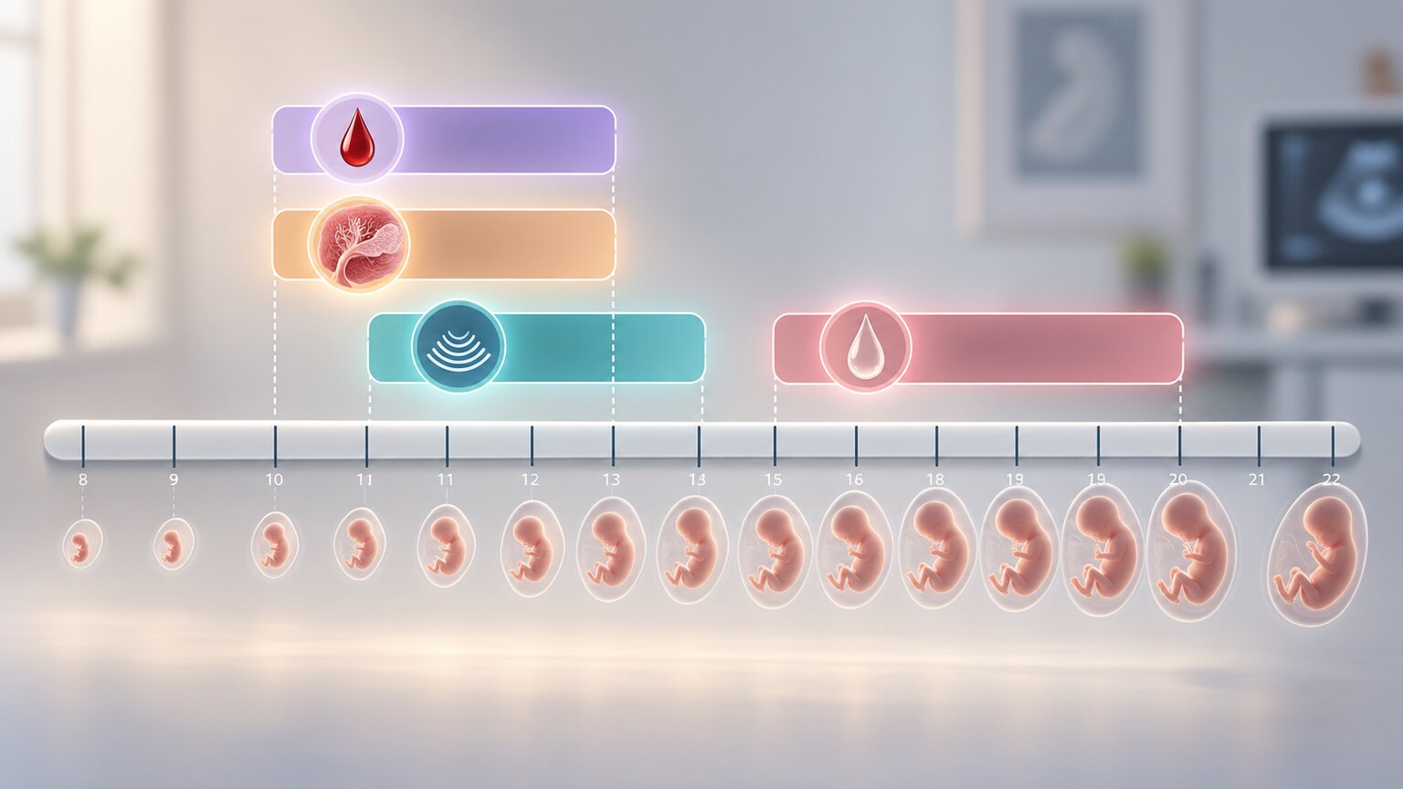 Illustrated timeline of pregnancy weeks showing when each chromosomal screening and diagnostic test becomes available during the first and second trimester