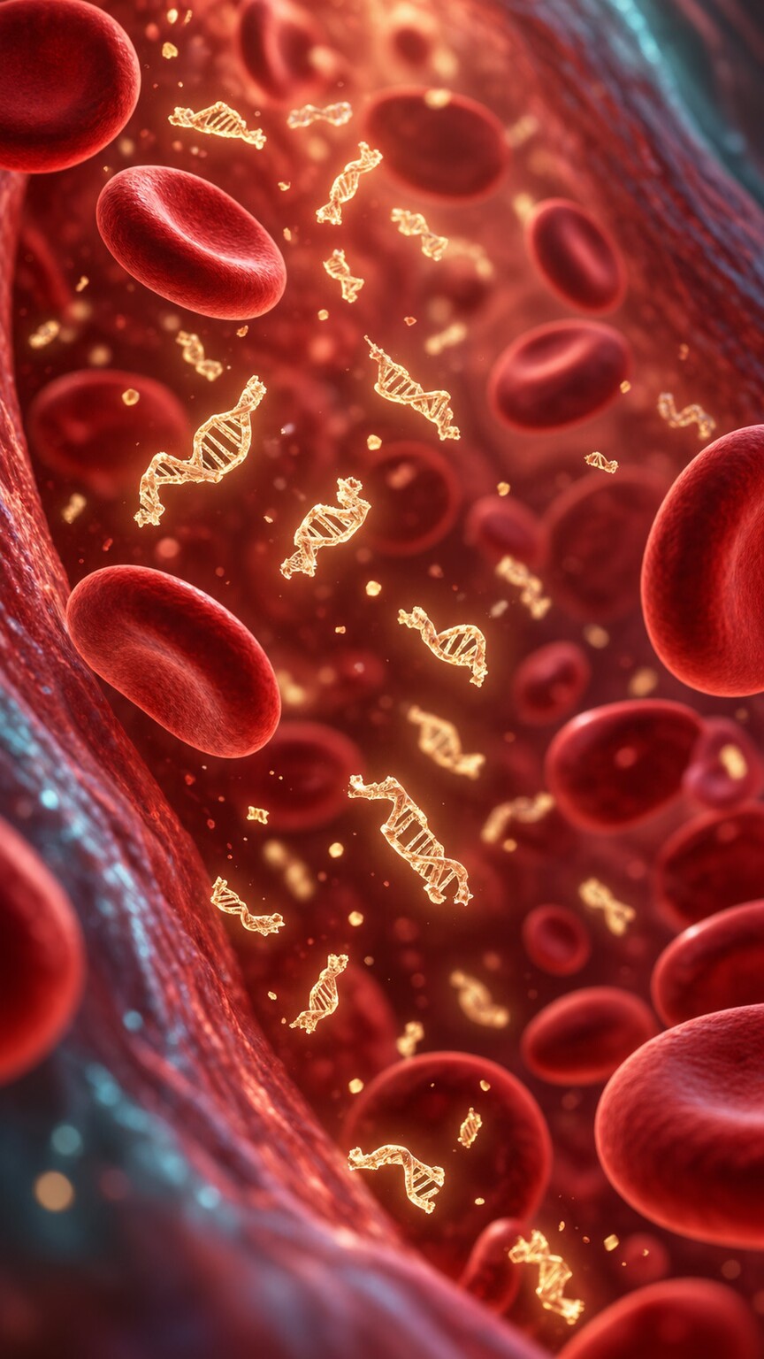 Scientific illustration of small placental DNA fragments circulating freely within a pregnant person's bloodstream plasma