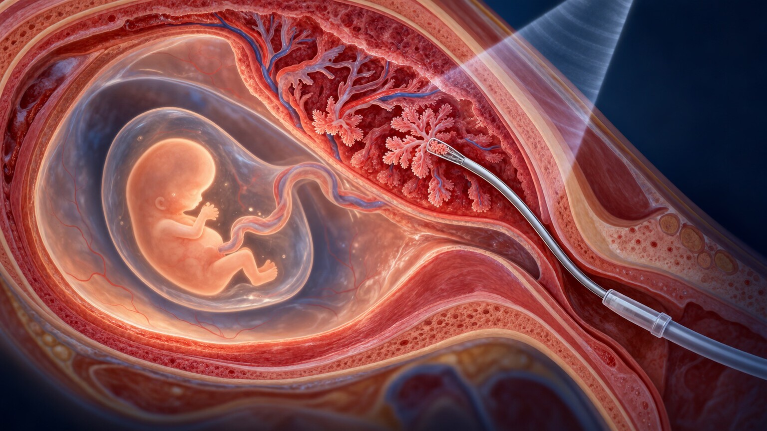 Medical cross-section illustration showing a thin catheter guided into the placenta's chorionic villi tissue during a chorionic villus sampling procedure