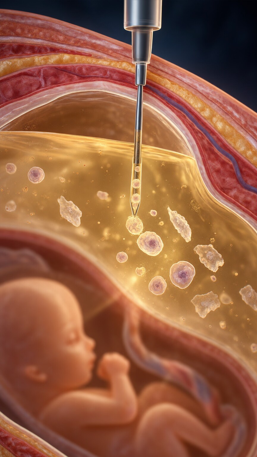 Scientific illustration of a thin needle withdrawing amniotic fluid containing shed fetal cells from the uterus during an amniocentesis