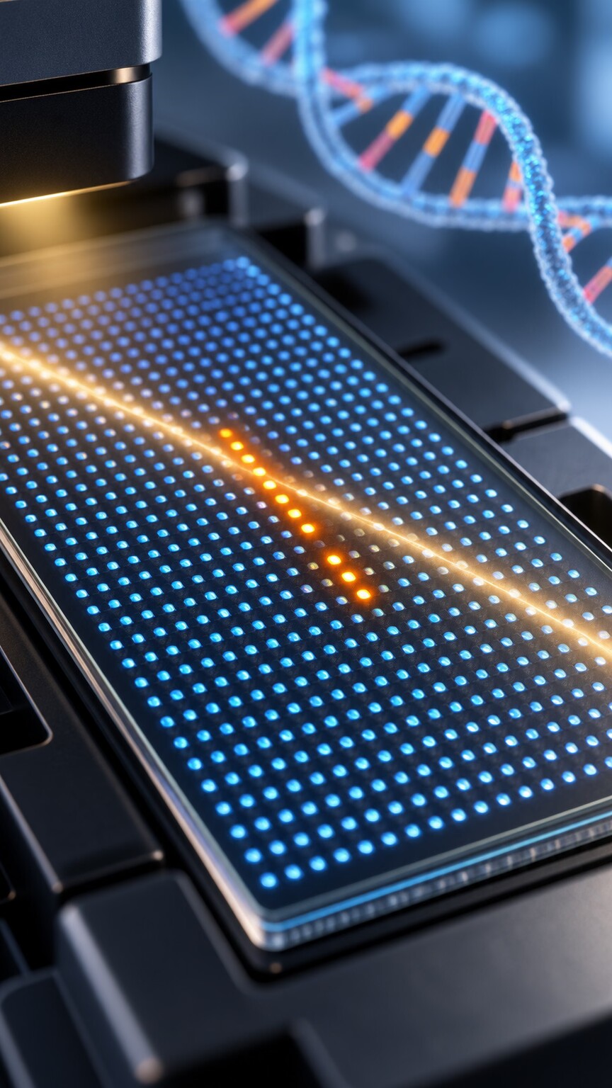 Illustration of a laboratory microarray chip comparing thousands of small fetal DNA segments against a reference genome pattern