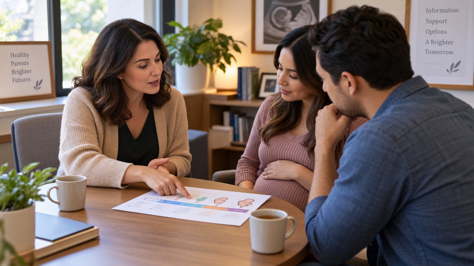 A genetic counselor sitting across a small table from an expecting couple, walking through prenatal chromosomal testing options together