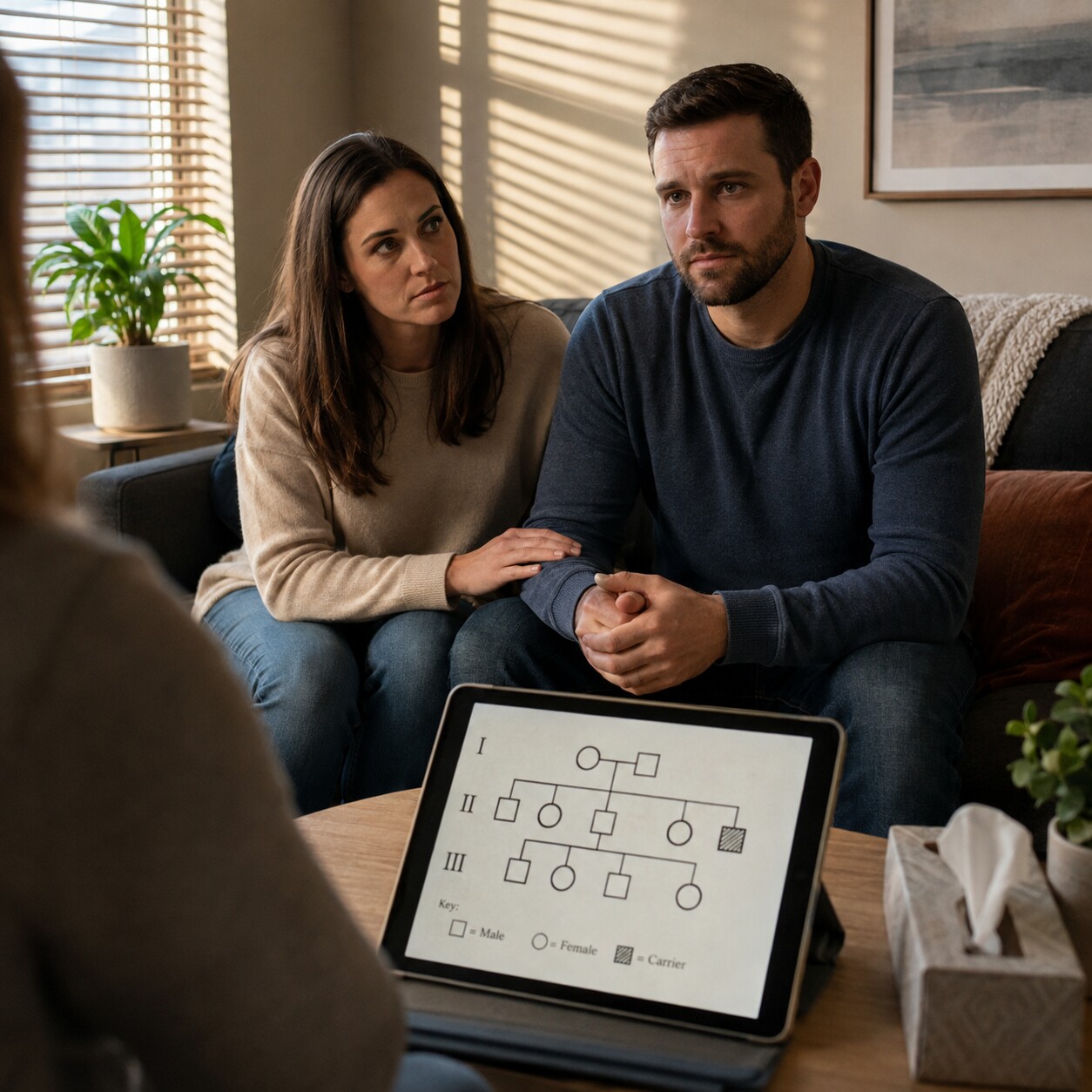 Couple sitting together in a genetic counseling office beside a tablet displaying a family pedigree diagram