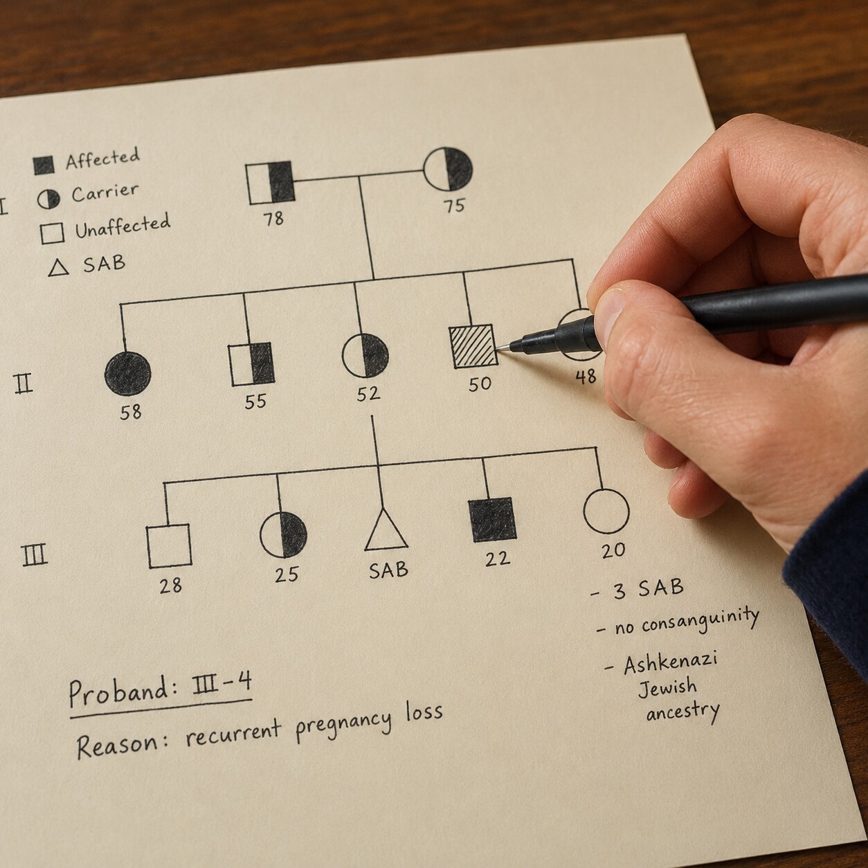 Close-up of a hand annotating a three-generation family pedigree chart with circles and squares marking a chromosomal condition