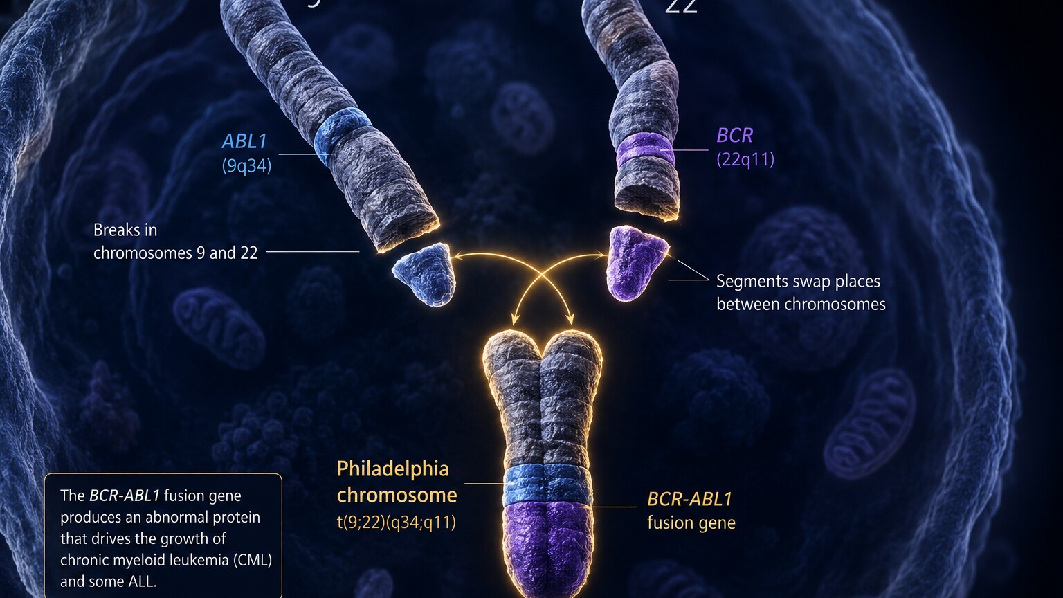 Scientific illustration of the Philadelphia chromosome forming as chromosome 9 and chromosome 22 exchange segments in a bone marrow cell