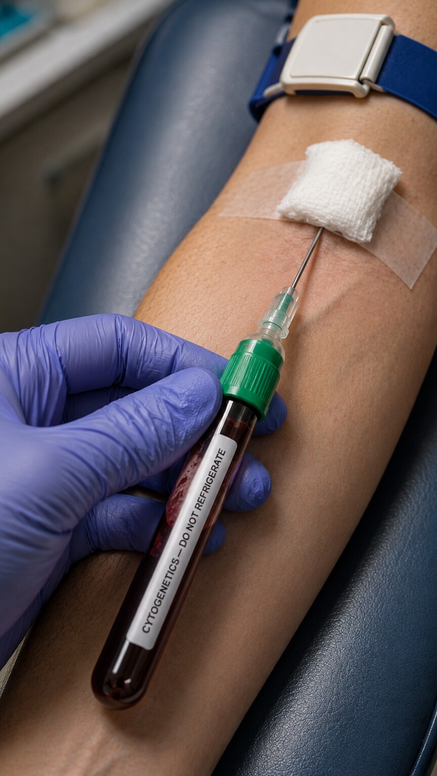 Close-up of a phlebotomist drawing blood into a green-top sodium heparin tube labeled for cytogenetic chromosome analysis