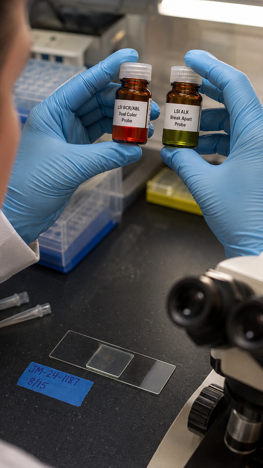 Laboratory technician's gloved hands holding small vials of red and green fluorescent FISH probes above a microscope slide