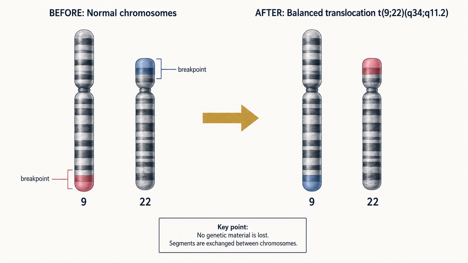 Scientific diagram of two chromosomes exchanging segments to form a balanced translocation with break points labeled