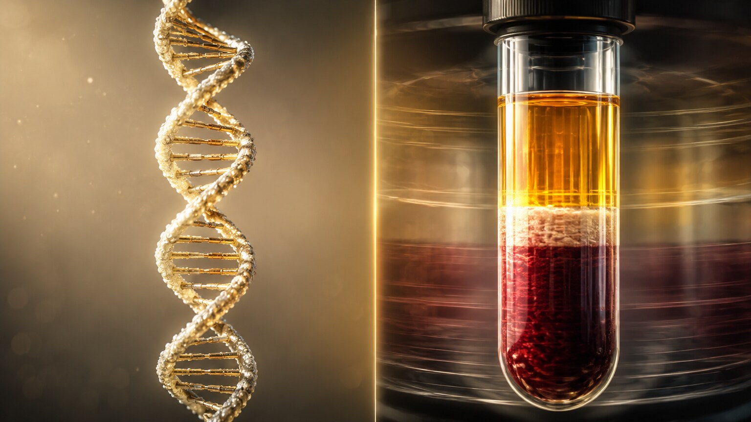 Split scientific illustration comparing a stable DNA double helix on one side against layered, separated blood serum in a centrifuge tube on the other