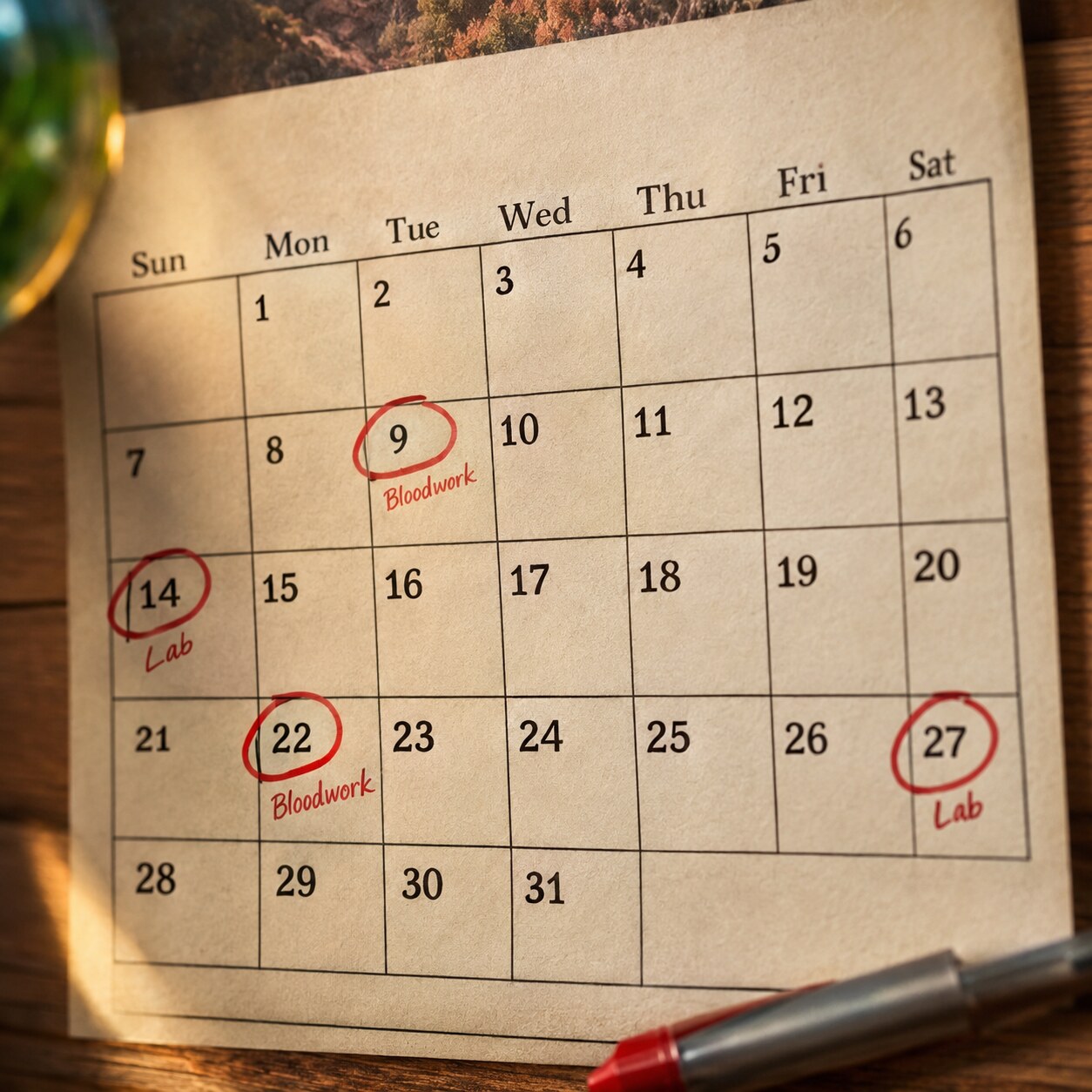 Wall calendar with several dates circled in red ink marking repeat blood draw appointments across multiple months