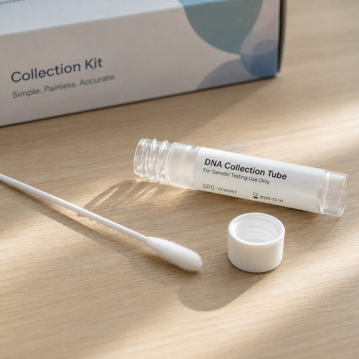 Open cheek swab genetic collection kit with the swab resting beside its labeled collection tube on a clean surface