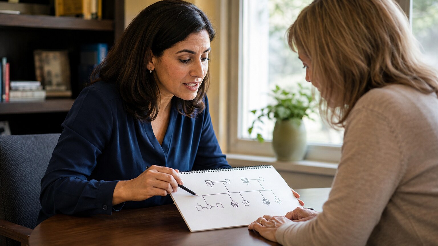 Genetic counselor and patient reviewing a hand-drawn family pedigree chart together across a table