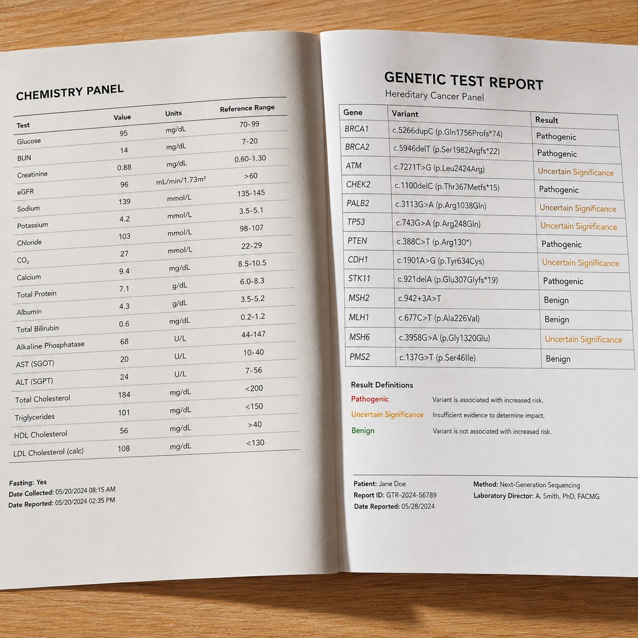 Two printed lab reports side by side, one showing numeric chemistry values against reference ranges, the other showing a genetic variant classification result