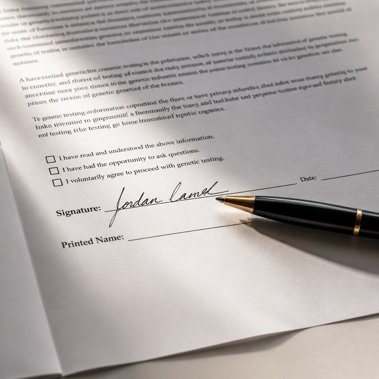 Close-up of a signed genetic testing informed consent document with a pen resting across the signature line