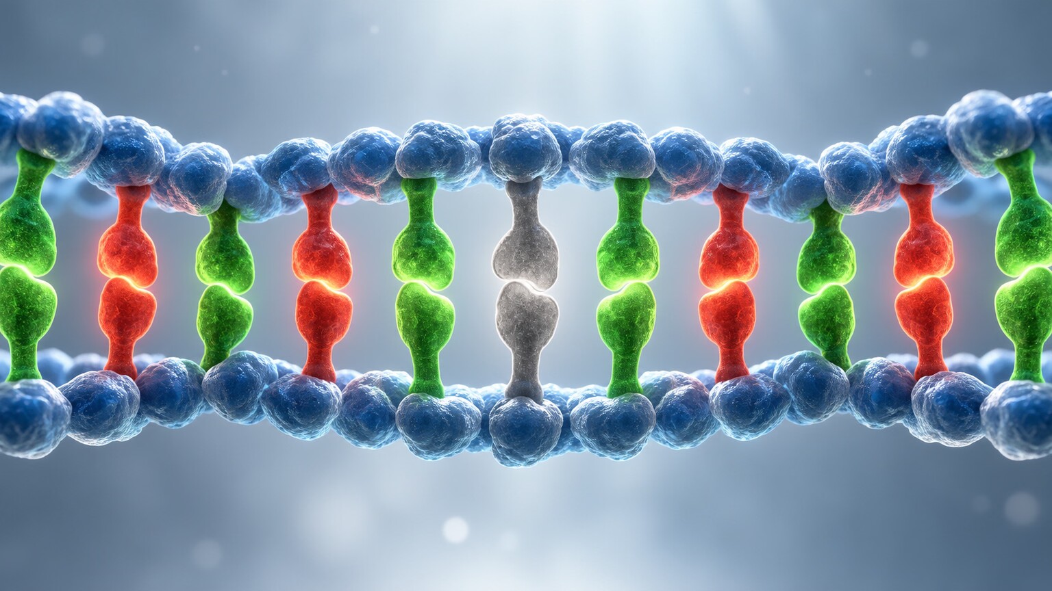 Scientific illustration of a DNA double helix with most base pairs glowing in confirmed colors and one base pair glowing in an ambiguous gray, representing an unclassified variant