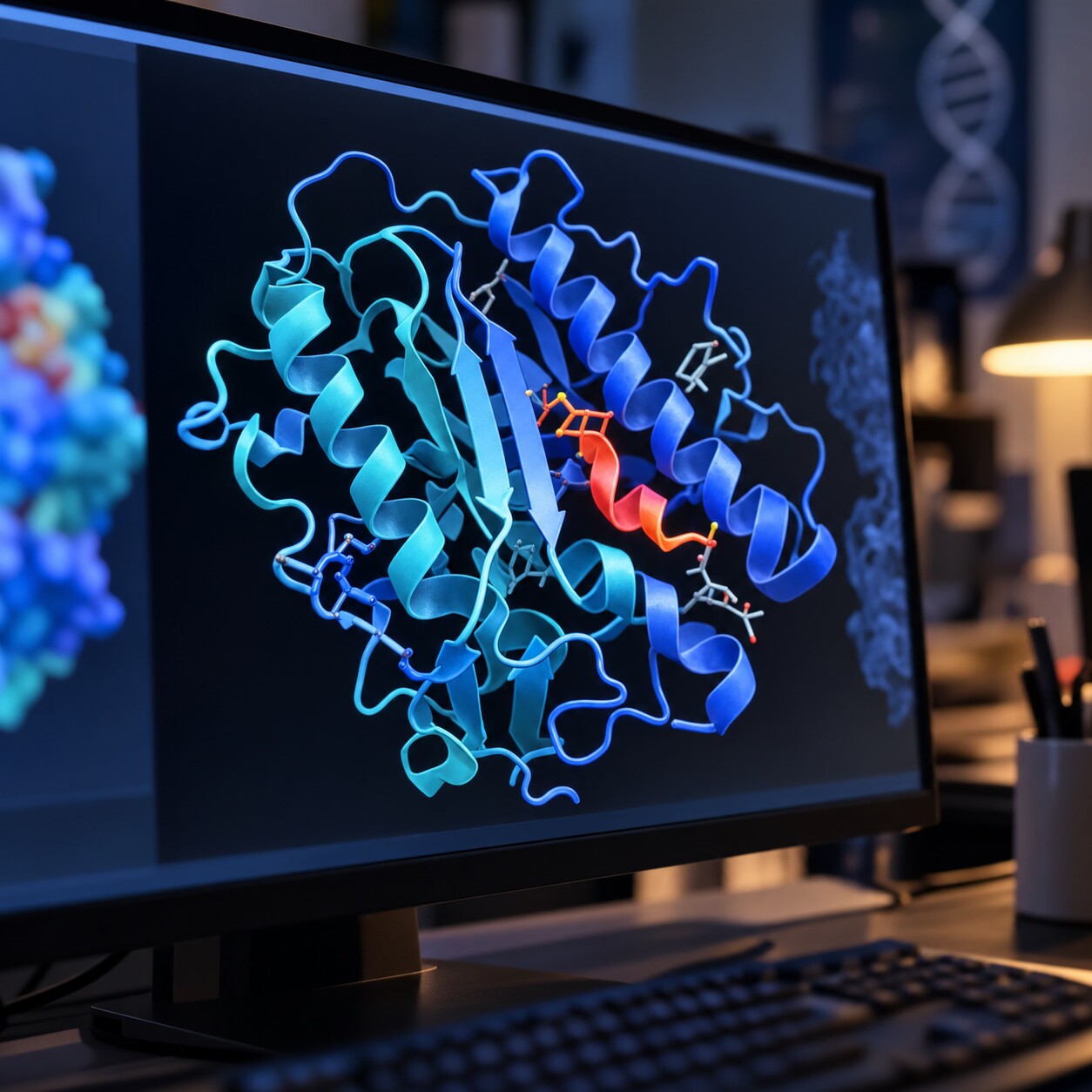 Computer screen displaying a predicted three-dimensional protein structure model used to estimate the effect of a genetic variant