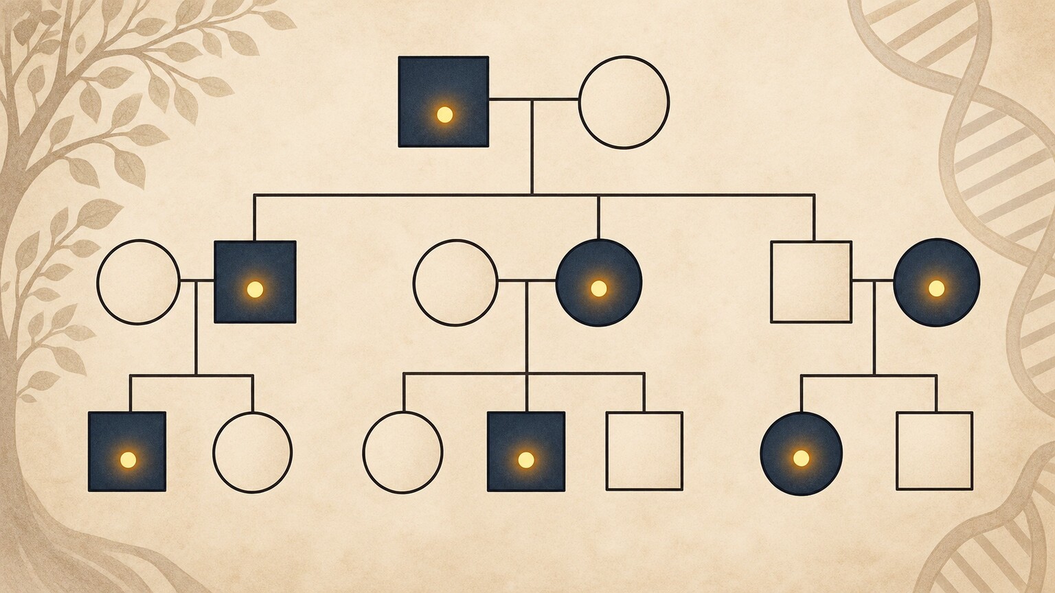 Illustrated family pedigree chart showing which relatives across three generations carry a specific genetic variant and which have the associated condition