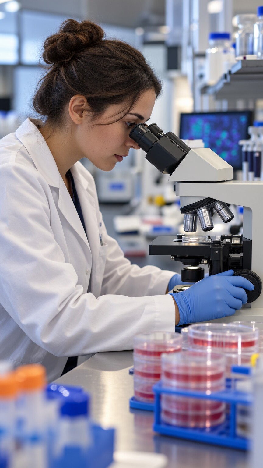 A researcher examining engineered cell cultures under a microscope, used to directly test whether a specific genetic variant disrupts protein function
