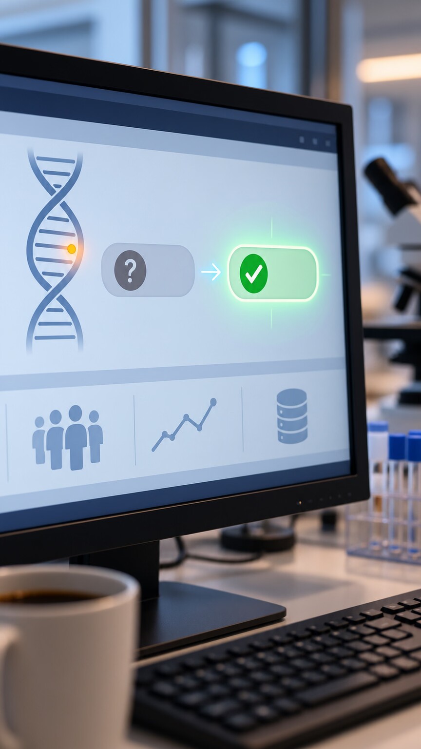 A laboratory computer screen showing a shared genetic variant database entry being updated from uncertain to a confirmed classification