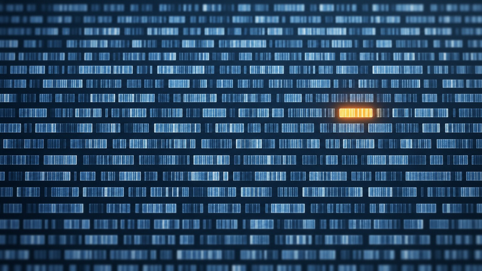 Scientific illustration of a genome sequencing readout with thousands of genes scanned in neutral color and one unrelated gene highlighted in bright amber