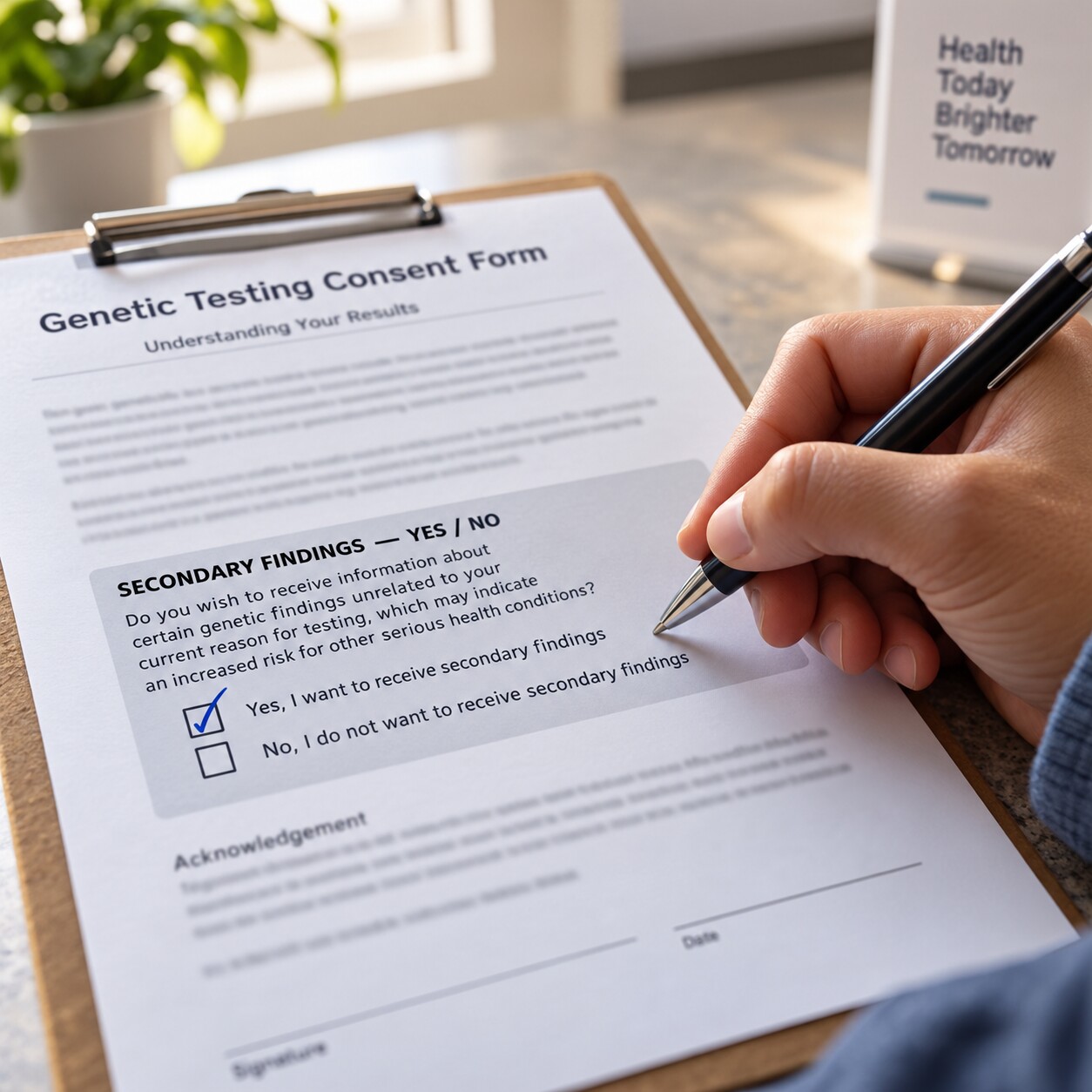 Close-up of a hand signing a genetic testing consent form beside a checkbox specifically asking whether to receive secondary findings