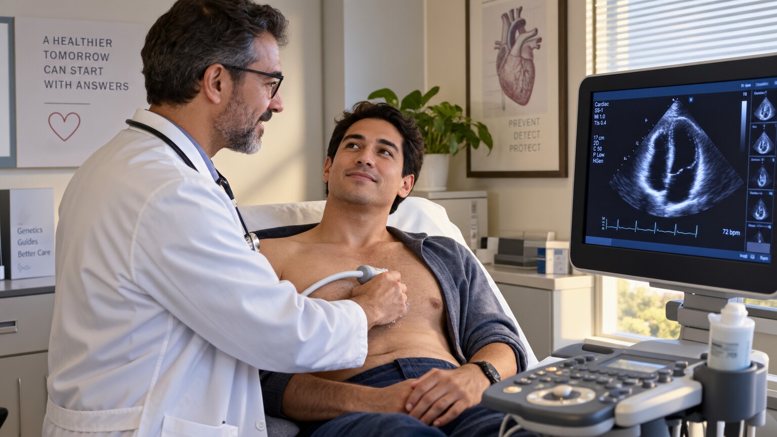 A cardiologist performing an echocardiogram screening on a patient referred after a secondary genetic finding linked to an inherited heart condition