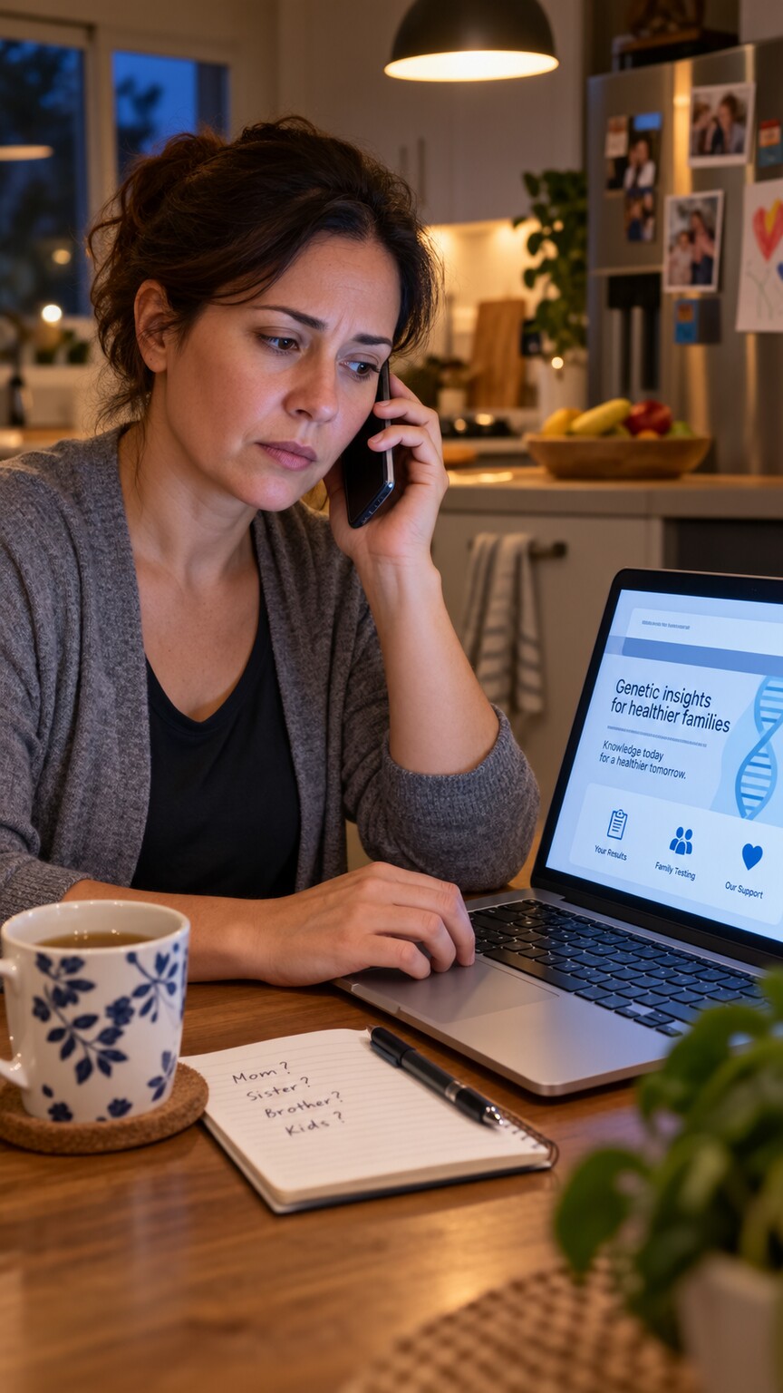 A woman at her kitchen table on a phone call with a relative, discussing whether to pursue cascade genetic testing after a family member's secondary finding