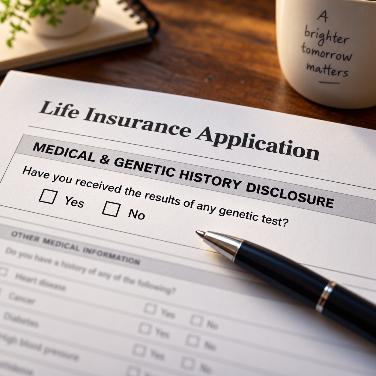 Close-up of a life insurance application form with a specific question asking the applicant to disclose any known genetic test results