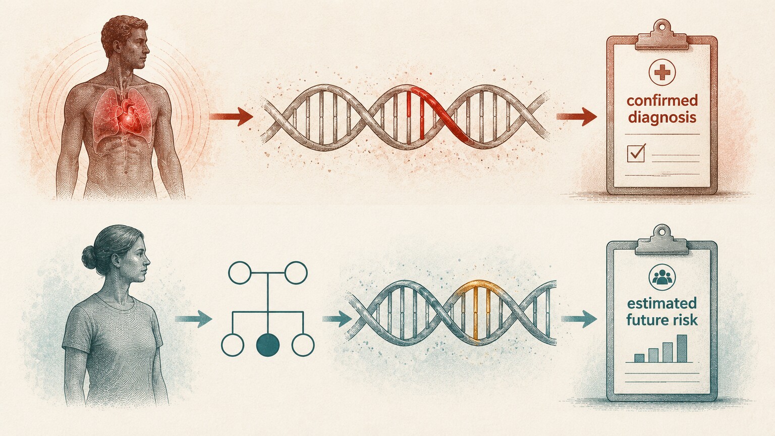 Split scientific illustration showing a symptomatic patient's diagnostic gene test on one side and an asymptomatic patient's predictive risk test on the other