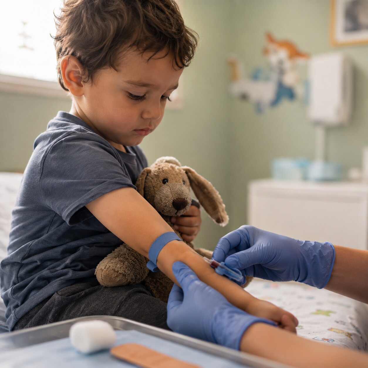 Toddler with visible muscle weakness having a blood sample drawn to confirm a suspected genetic muscular disorder