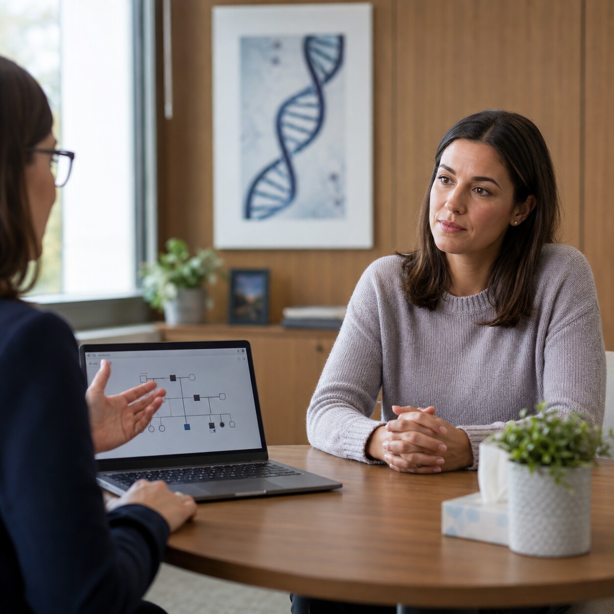 Healthy-appearing woman in her thirties discussing BRCA1 predictive testing with a genetic counselor before any symptoms exist