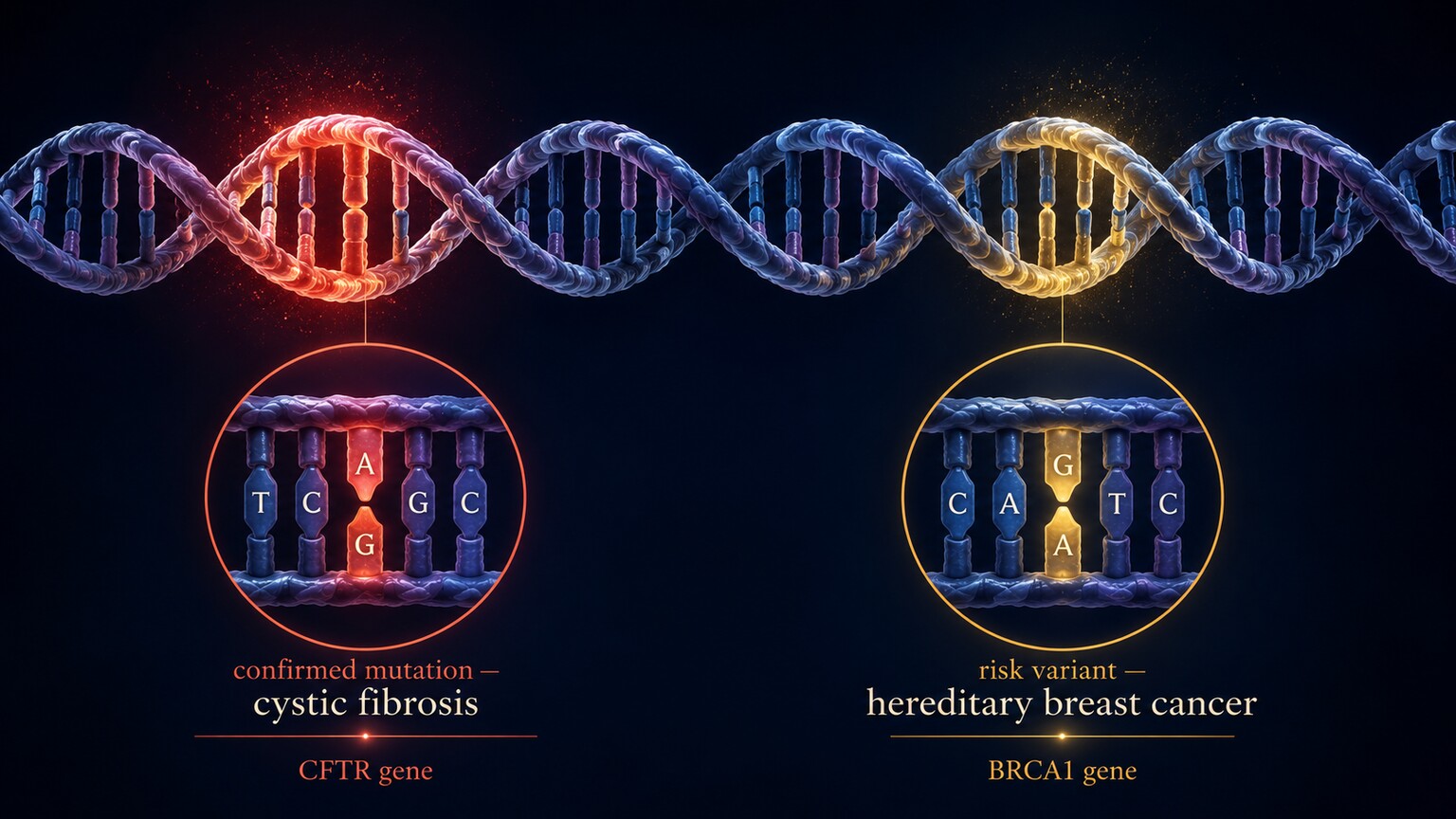 Scientific illustration comparing a confirmed CFTR mutation used for diagnosis with a BRCA1 risk variant used for predictive testing on a DNA strand