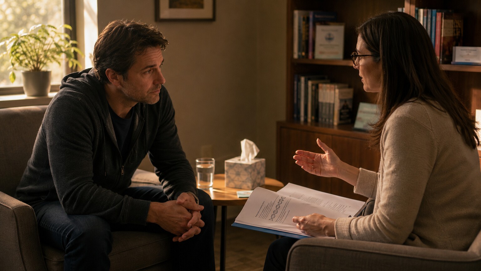 Adult sitting across from a genetic counselor in a quiet office, weighing whether to pursue presymptomatic testing for Huntington's disease
