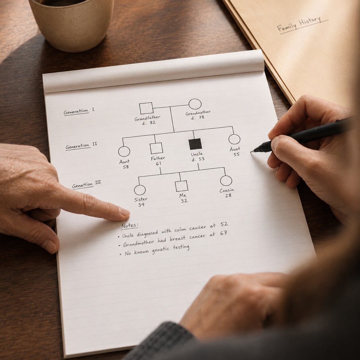 Genetic counselor drawing a three-generation family pedigree chart with a patient to decide whether predictive testing is appropriate