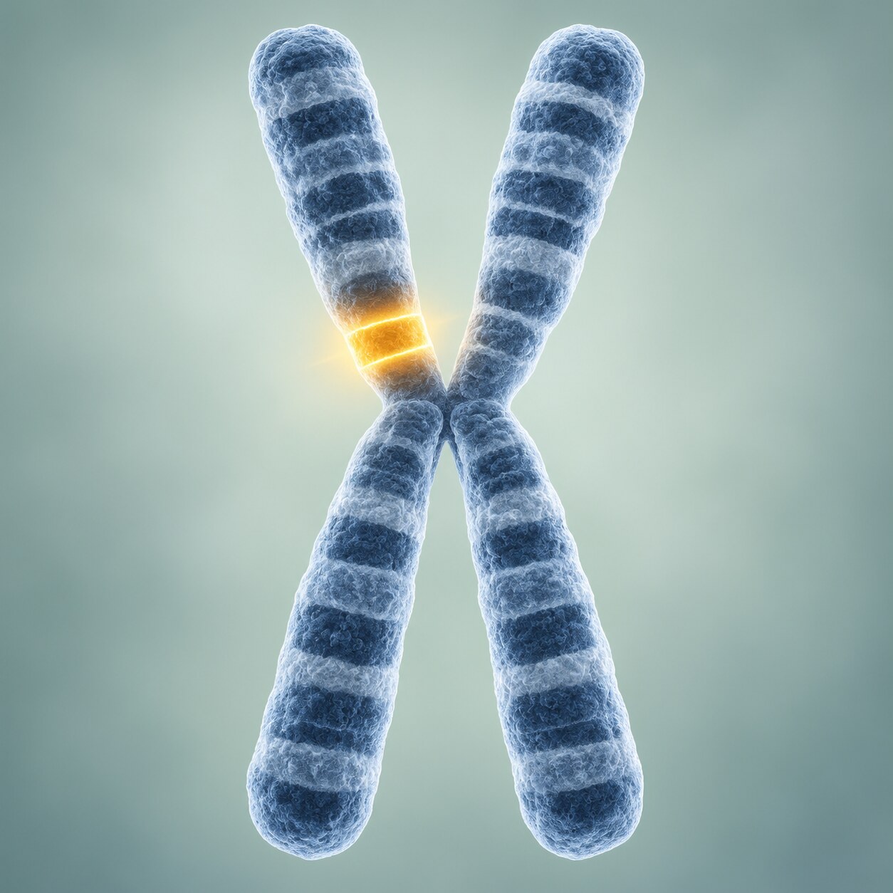 Scientific illustration of a chromosome with a specific segment highlighted in gold, representing a hereditary cancer risk gene