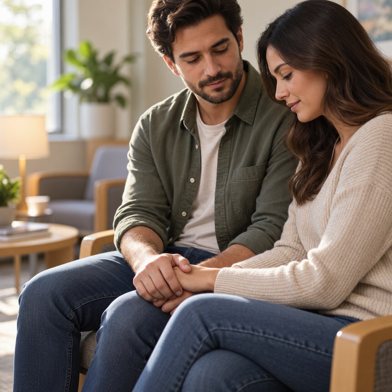 Couple sitting quietly together in a fertility clinic waiting room, holding hands, after experiencing recurrent pregnancy loss