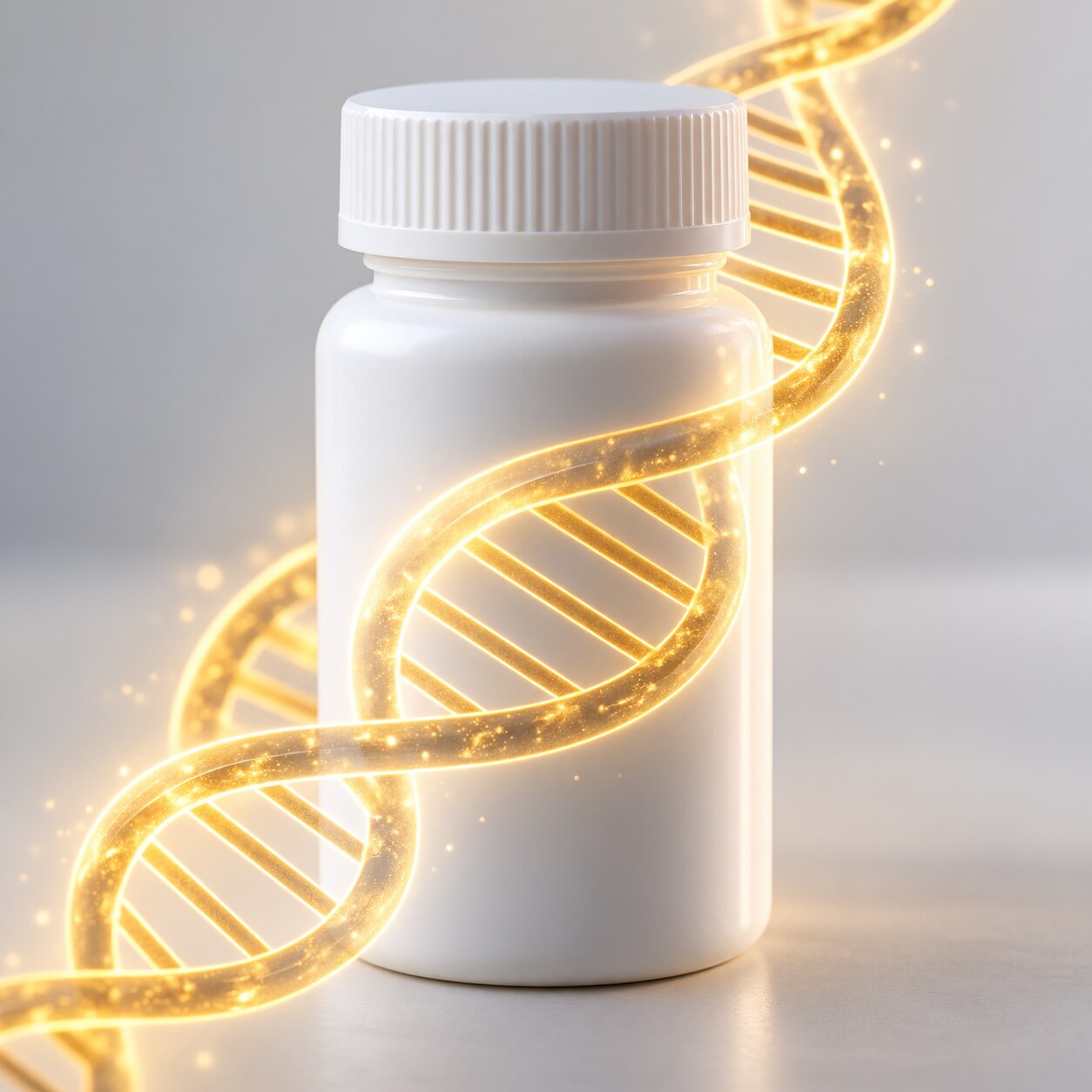 Prescription pill bottle photographed with a translucent DNA strand graphic overlaid, representing pharmacogenomic medication matching
