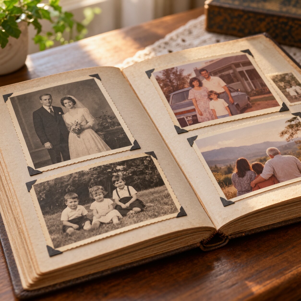 Open family photo album showing several generations of relatives, referenced during a genetic and family history intake conversation