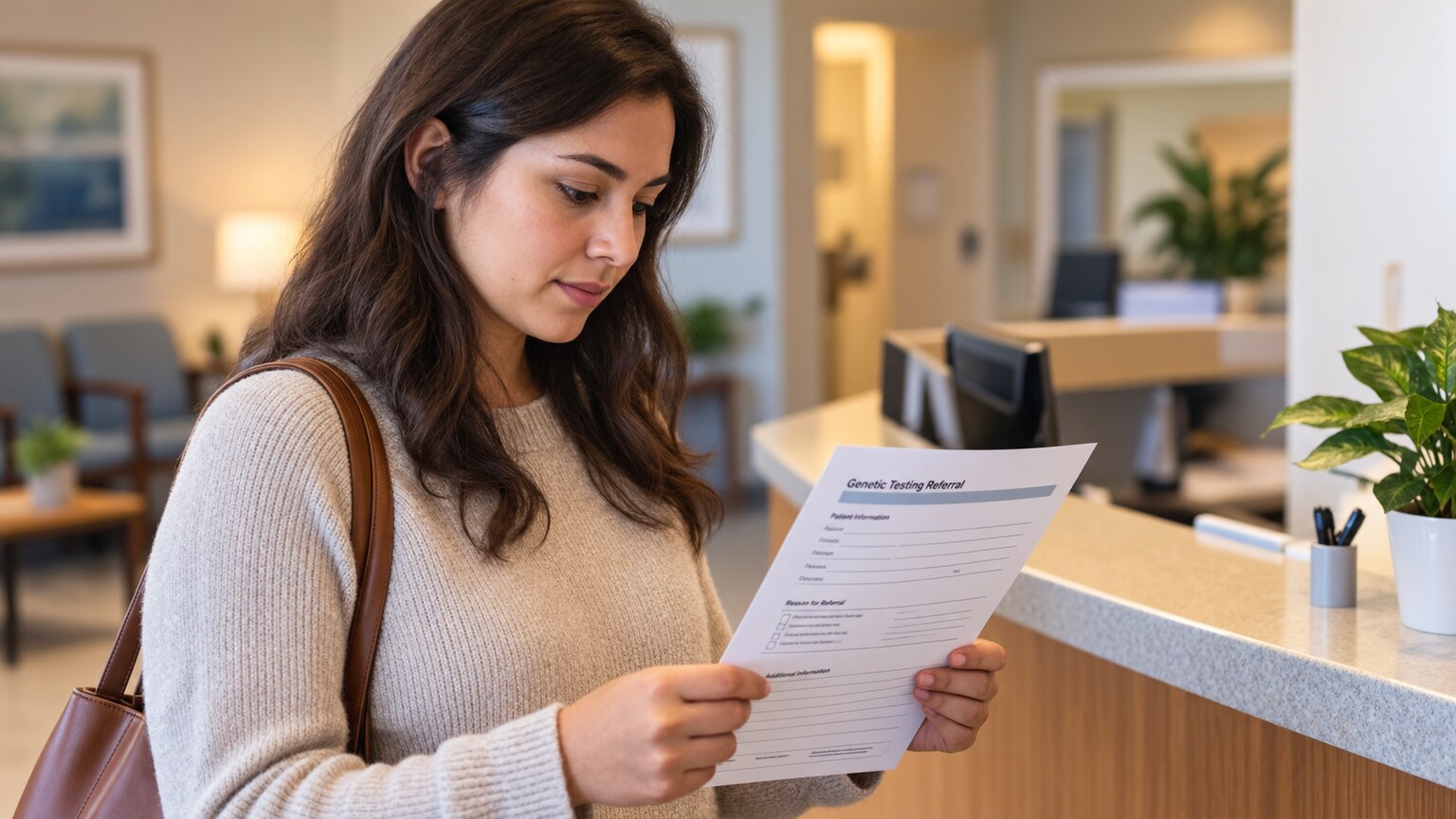 Patient reviewing a printed genetic testing referral form at a clinic reception desk after a recommendation from their doctor