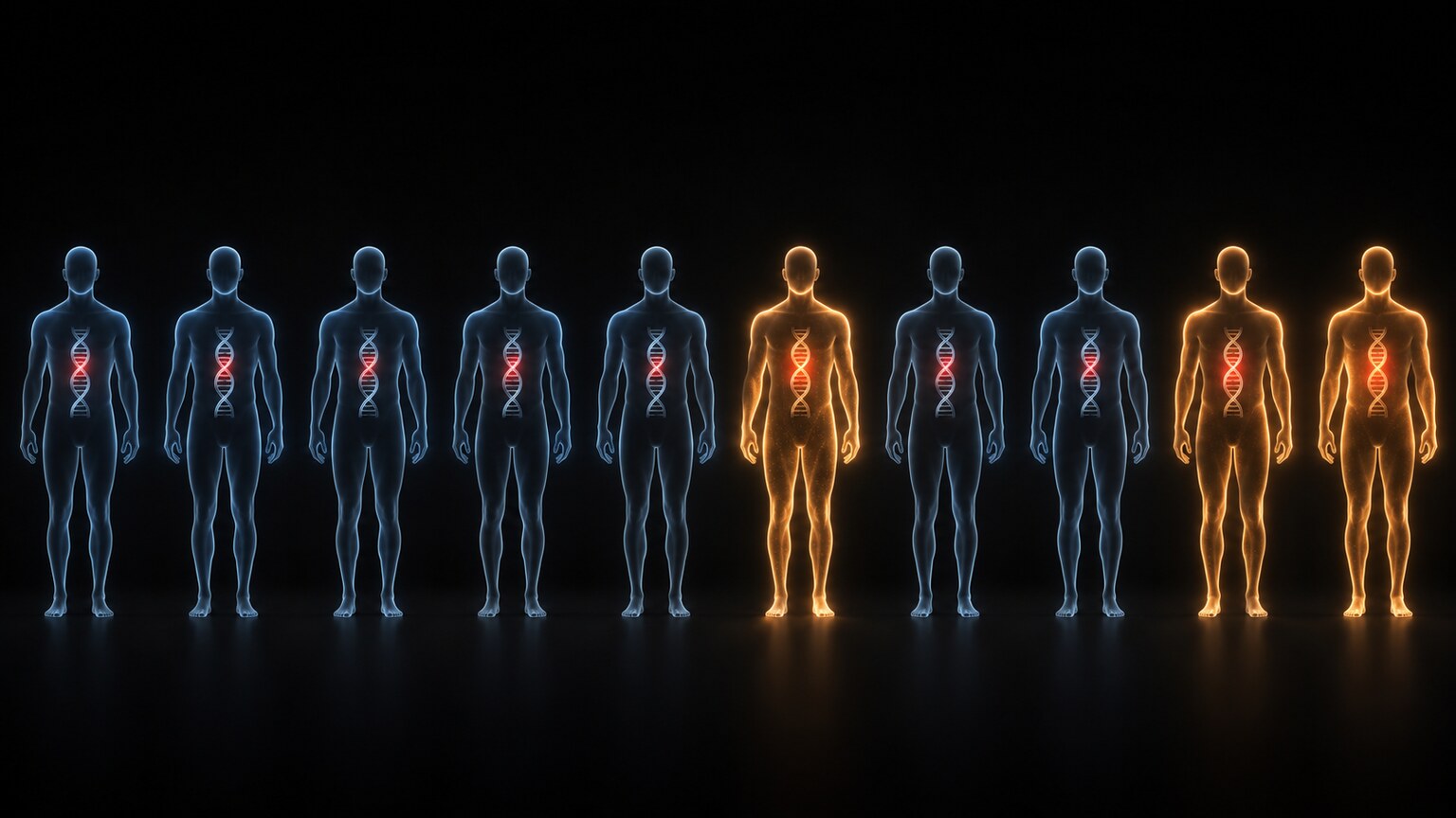 Scientific illustration of a population of identical DNA helix figures where only some visibly express a glowing disease marker despite all carrying the same variant
