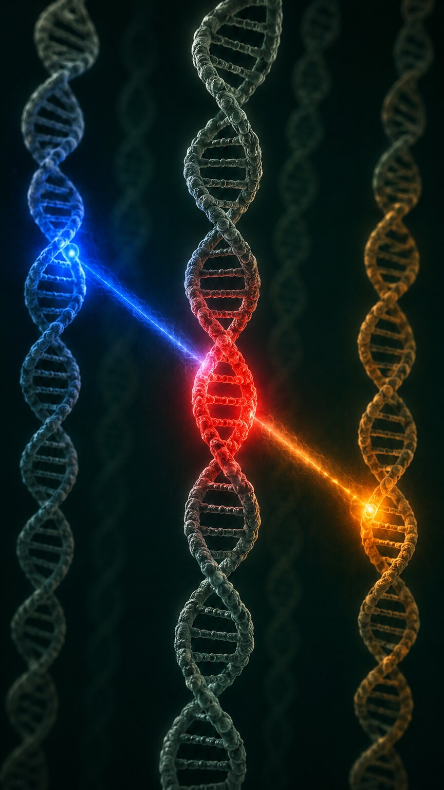 Scientific illustration of a primary disease-causing gene locus receiving amplifying and dampening signals from separate modifier gene locations elsewhere on the chromosomes