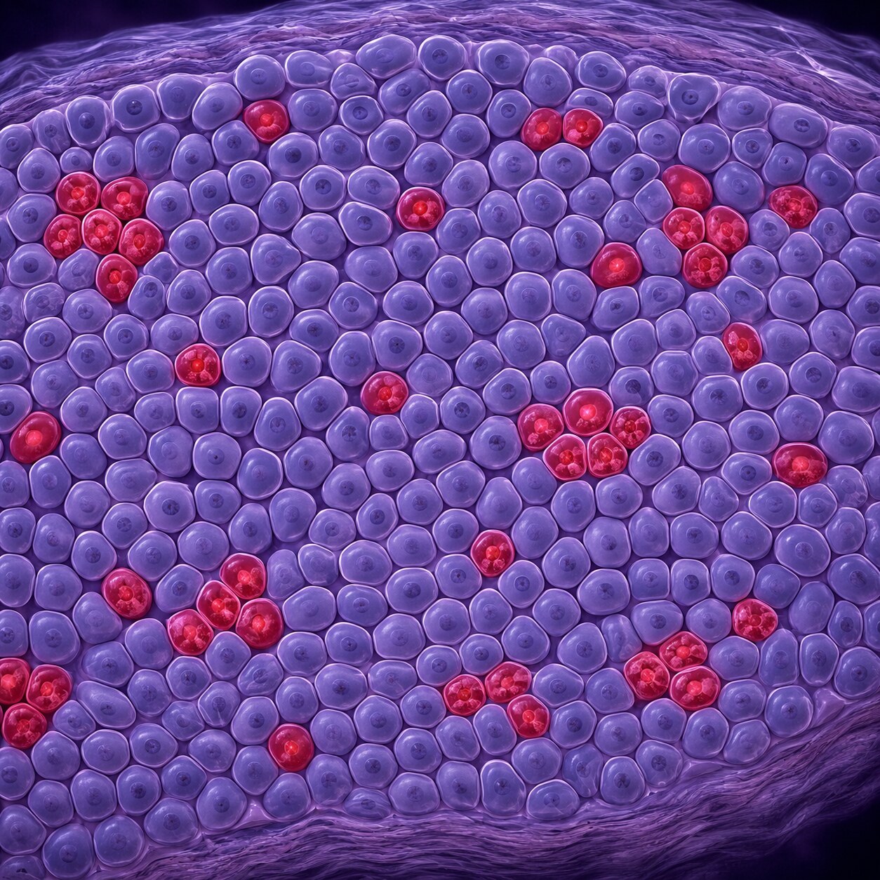 Scientific illustration of a tissue cross-section showing a patchy mixture of cells carrying a glowing genetic variant alongside unaffected cells without it