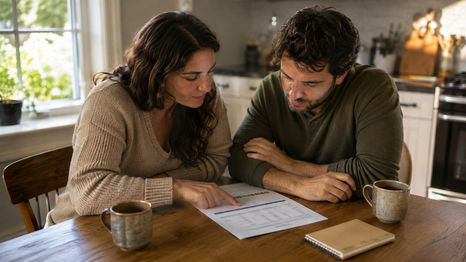 Two adult siblings sitting together at a kitchen table reviewing printed genetic test results showing they carry the same inherited variant