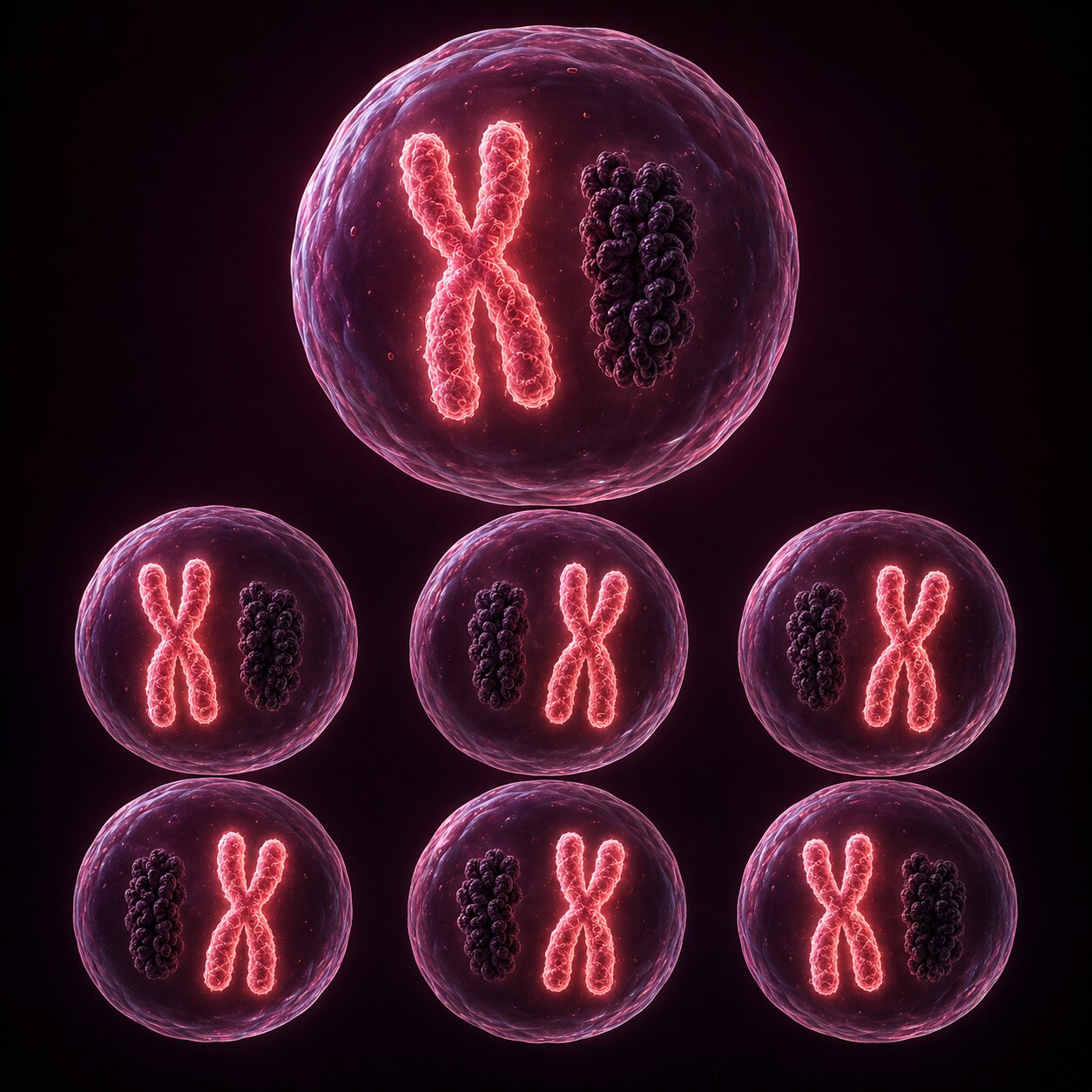 Scientific illustration of two X chromosomes in a cell, one condensed and inactivated while the other remains active, repeated across a mosaic field of cells